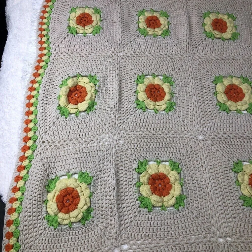 Crochet Afghan Blanket 3D Rose Throw Handmade Granny Square 70s Decor 42” x 68”